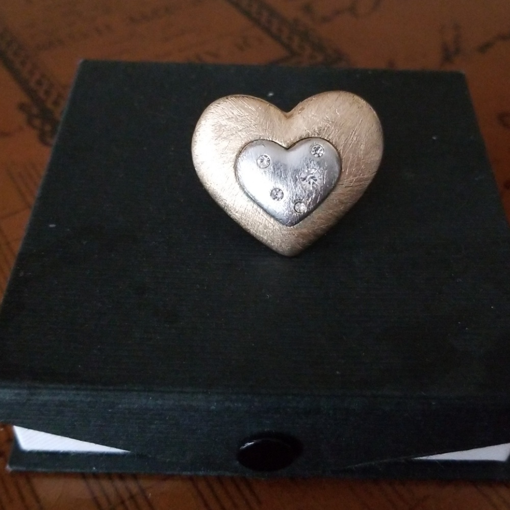 Ring, Gold Heart w/Silver Heart Inset & Crystals